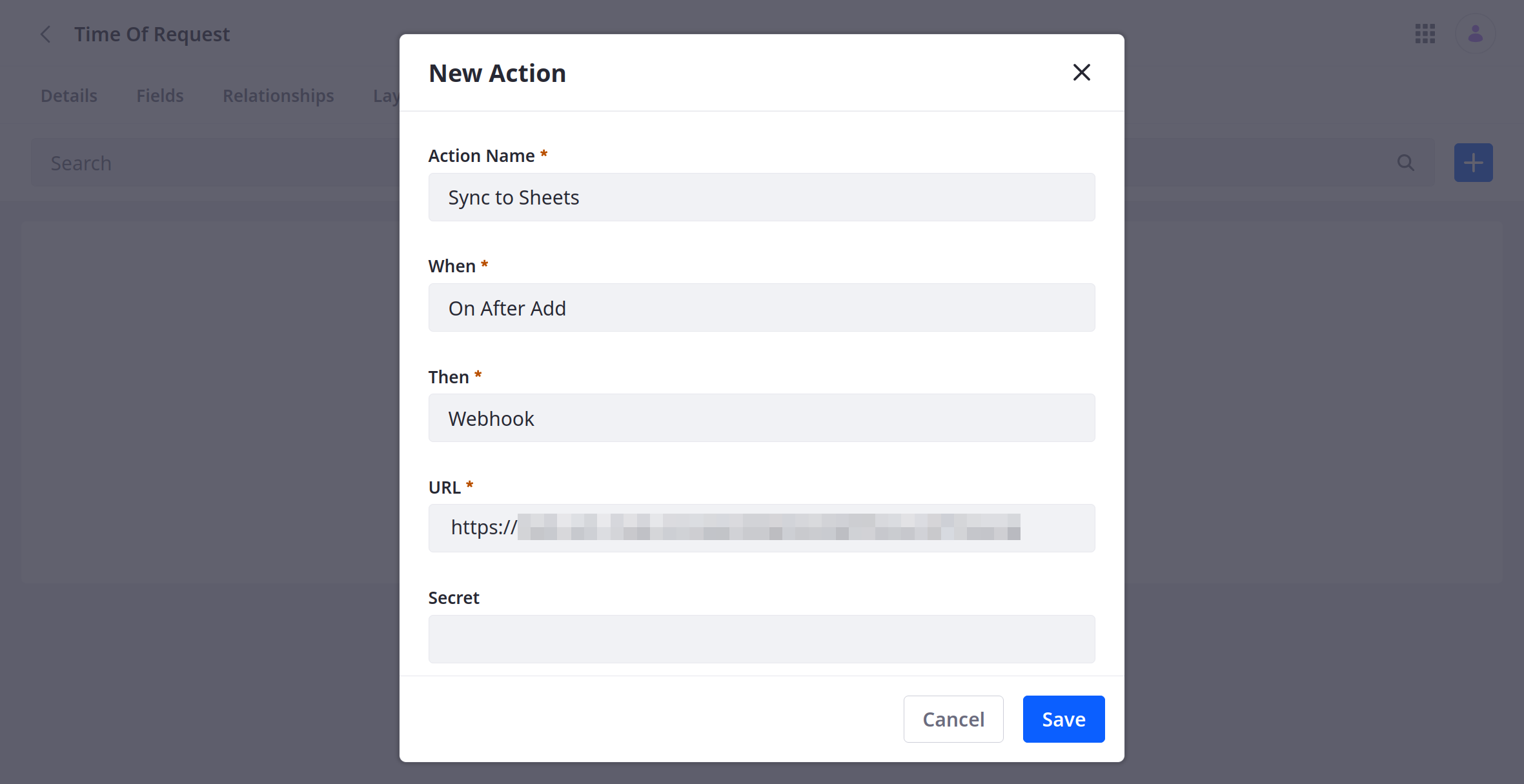 Define an action that sends a request to the webhook endpoint whenever an entry is added.
