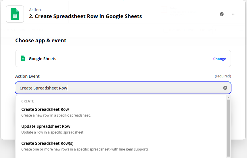 Select Create Spreadsheet Row.