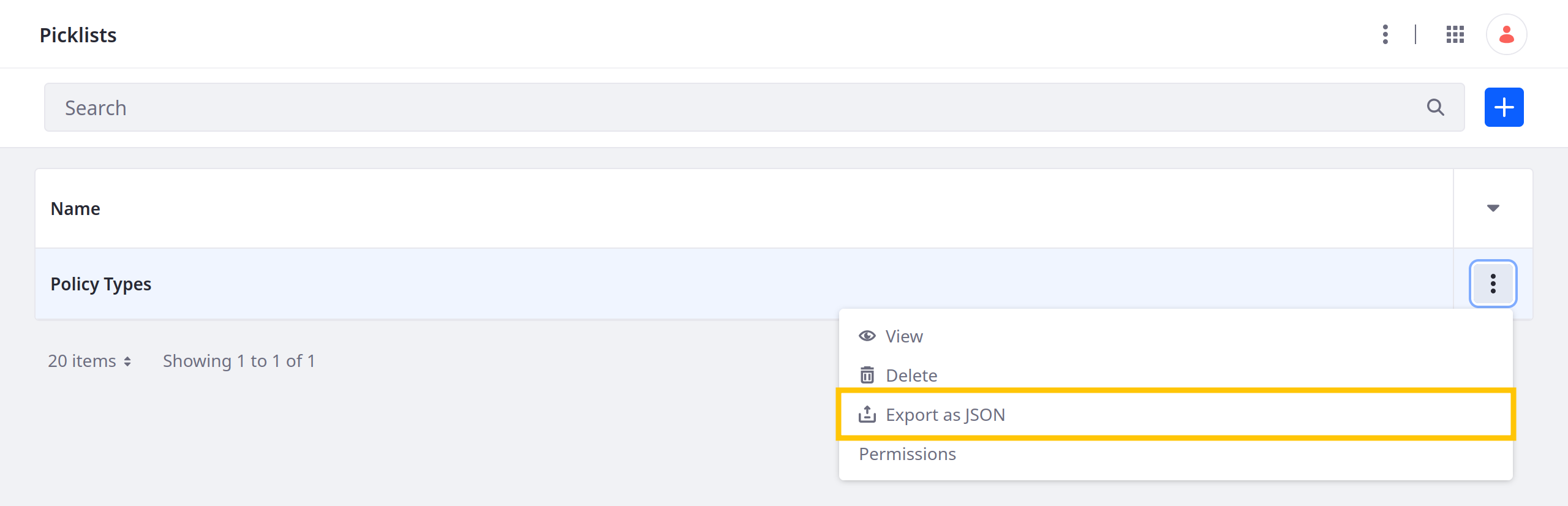 Click the Actions button for the desired list and select Export as JSON.