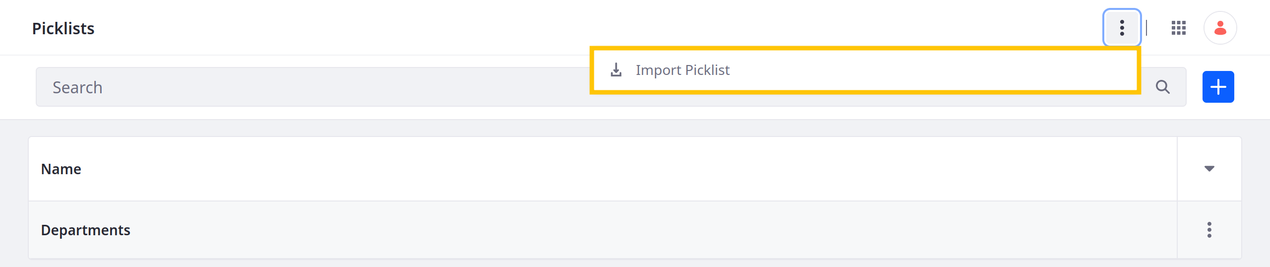 Click the Action button in the Application Bar and select Import Picklist.