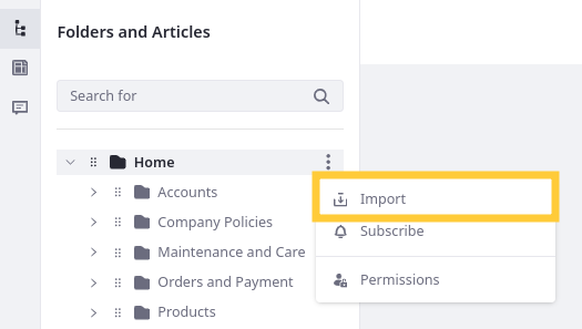 Click the Actions button for the desired folder and select Import.