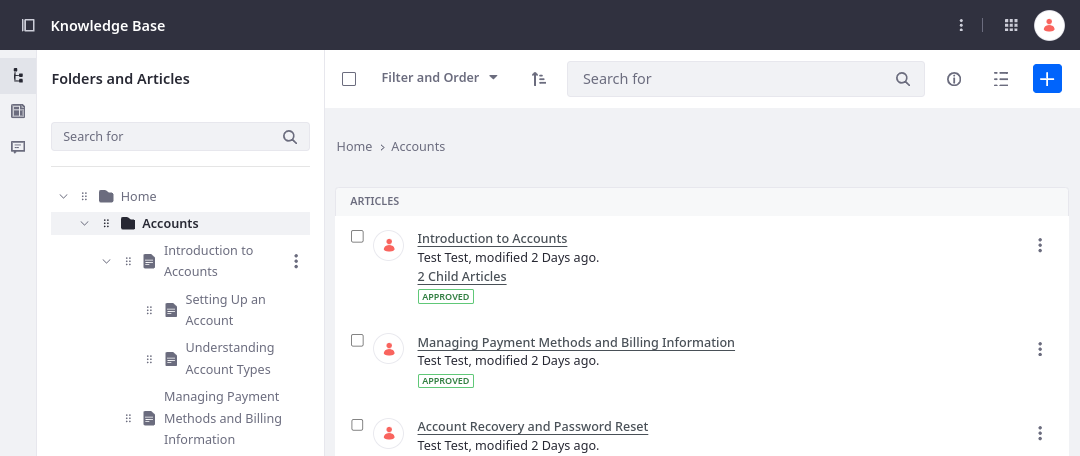 Add folders and nested articles to create the desired structure and order.