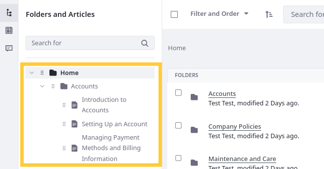 Drag and drop folders and articles to organize and order your documentation.