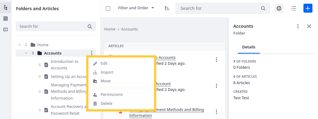 Click the Actions button for a folder to access these management options.