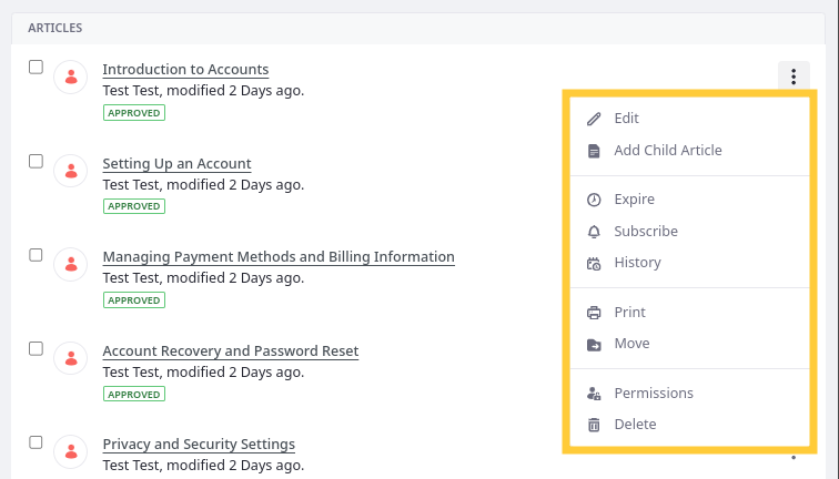 Click the Actions button for an article to access these management options.