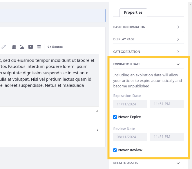 Set review and expiration dates for articles.