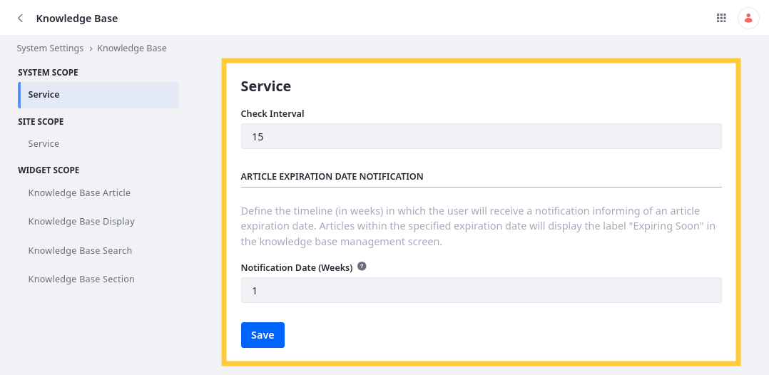 Set the check interval and when to notify users of articles expiring soon. 