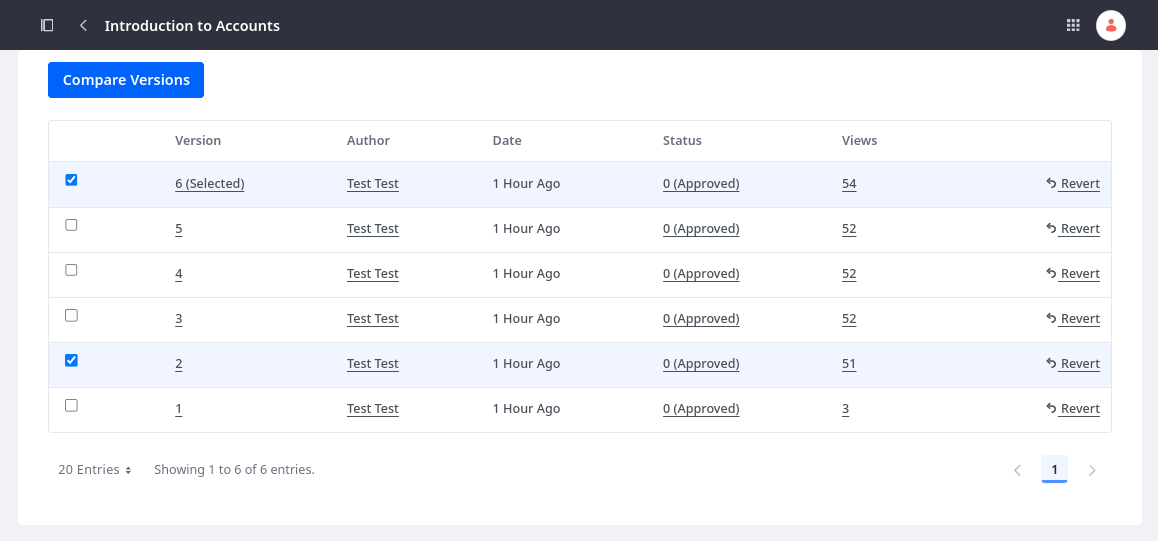 View, compare, and revert article versions.