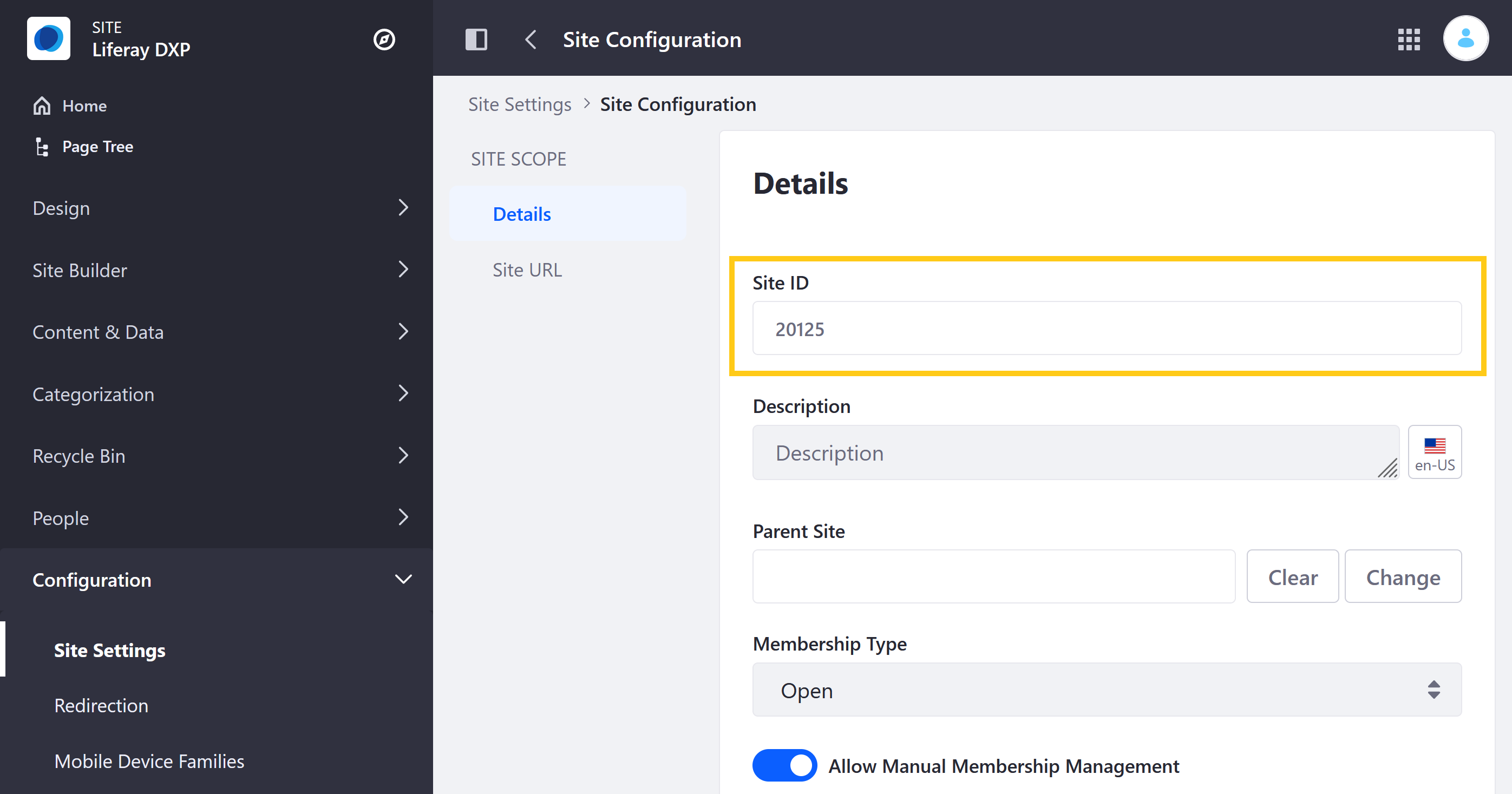 Find the site ID under the Site Configuration settings.