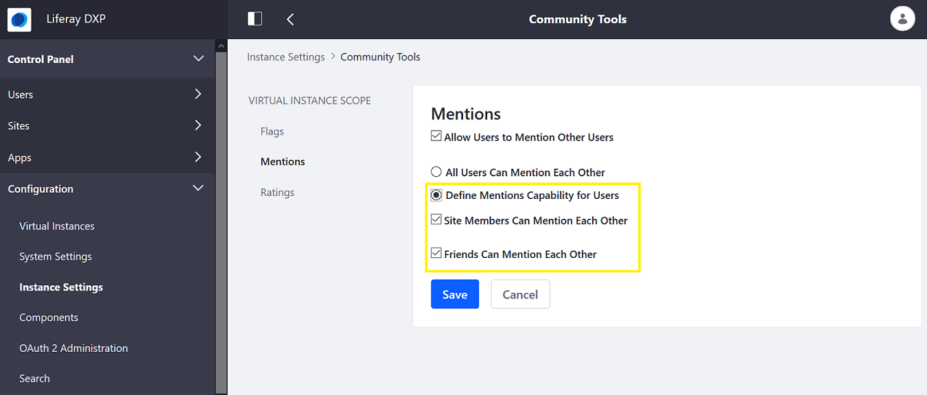 You can enable or disable the Mentions feature for all of the Virtual Instance's Sites.