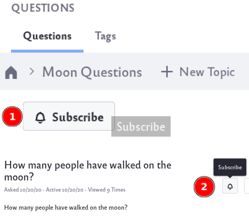 Click on the subscribe button to subscribe to a topic or click on the subscribe bell button to subscribe to a question