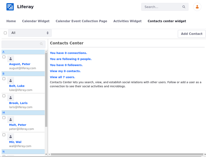 Use the links in the Contacts Center Widget to filter users.
