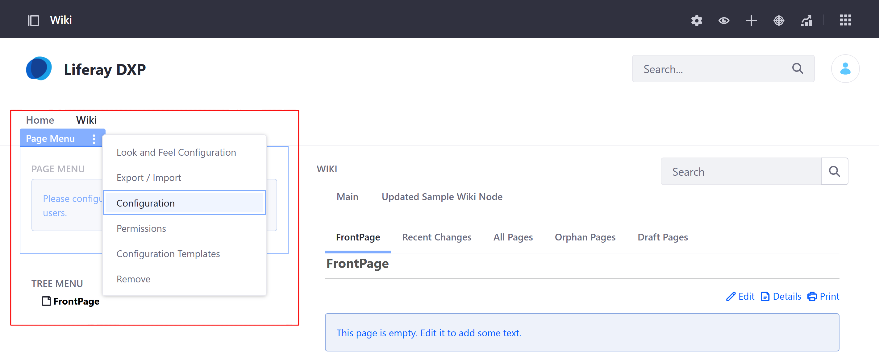 Click on Options to configure the Page menu widget.