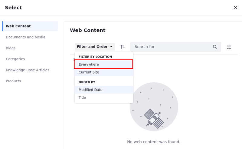 Filter content in the Item Selector to include content from Everywhere.