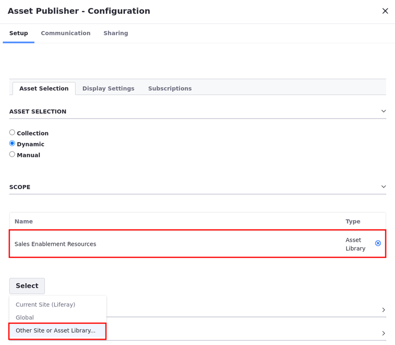 Set the Asset Publisher's scope to include content from a specific Asset Library.