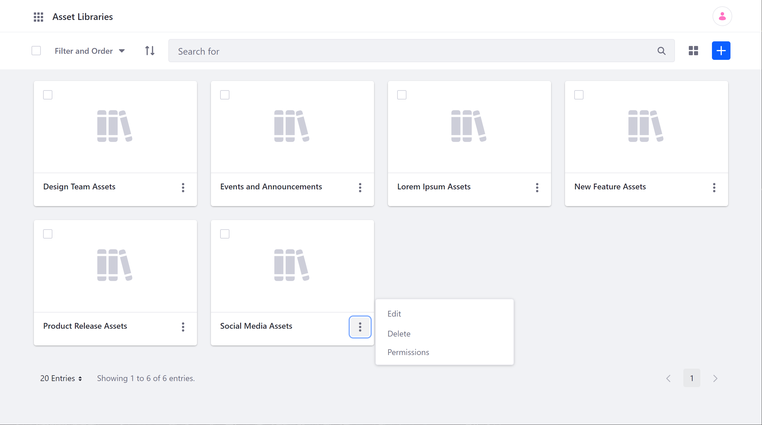 Create and manage asset libraries via the Asset Libraries application.