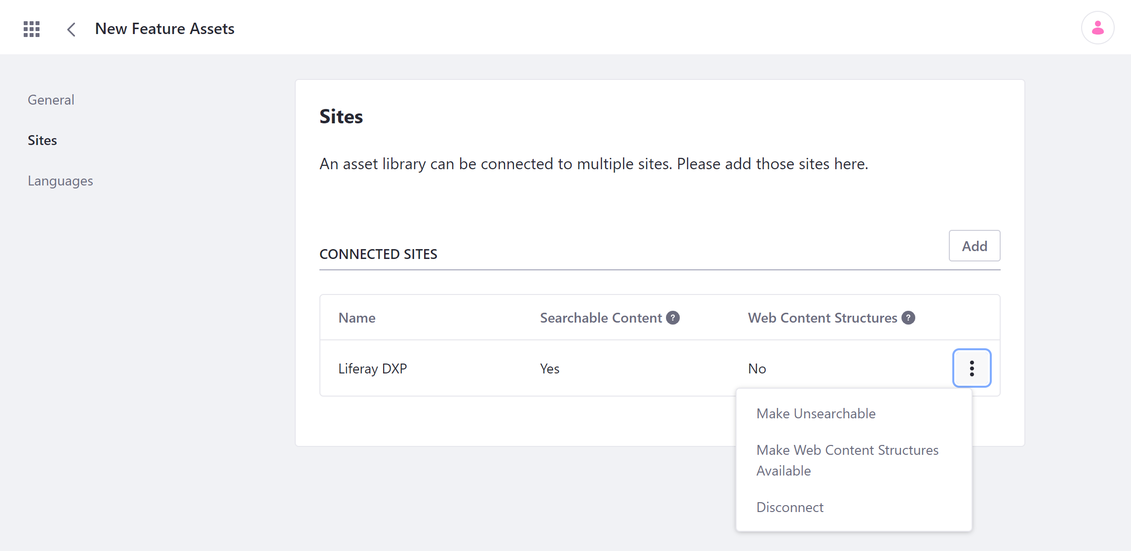 Connect sites to an asset library and configure their connection.