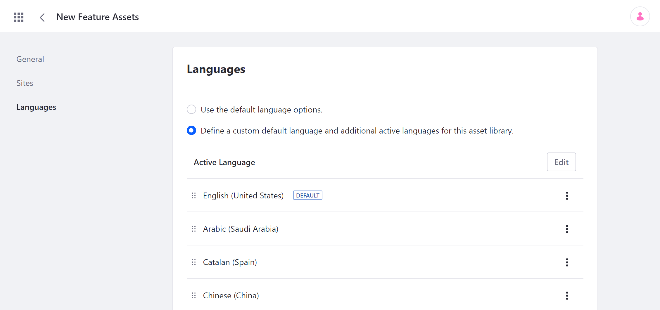 Use your instance's default language options for an Asset Library, or define your own