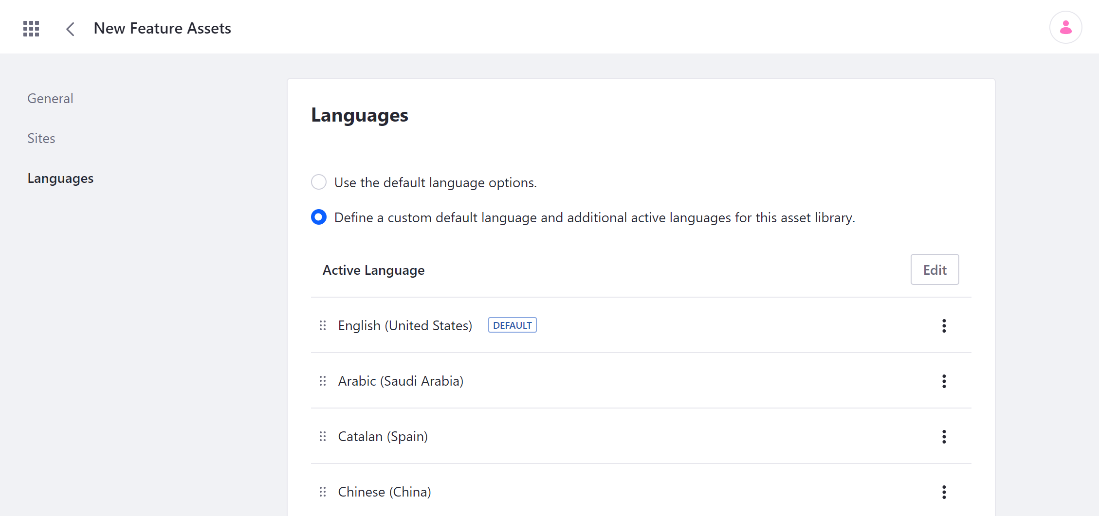 Use your instance's default language options for an asset library, or define your own