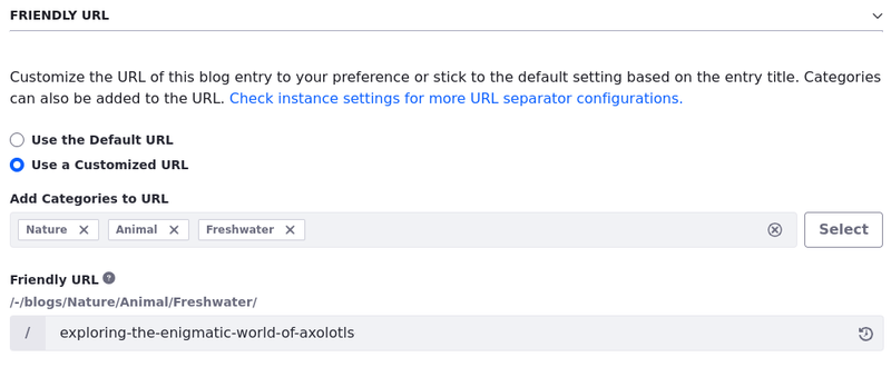 When creating a blog entry, use the Configuration panel to control when and where the blog entry appears, and what to use for the entry's abstract.