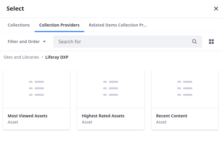 When configuring a collection display fragment, you can choose collection providers such as Most Viewed Assets, Highest Rated Assets, and Recent Content.