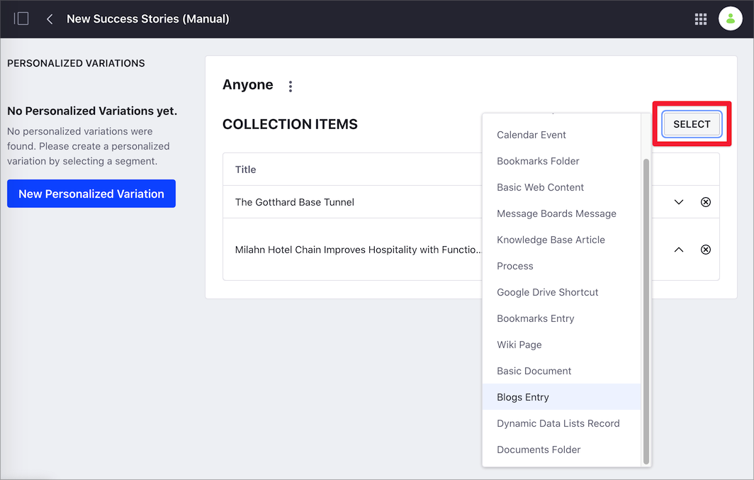 Select the items you want to include in the Manual Collection