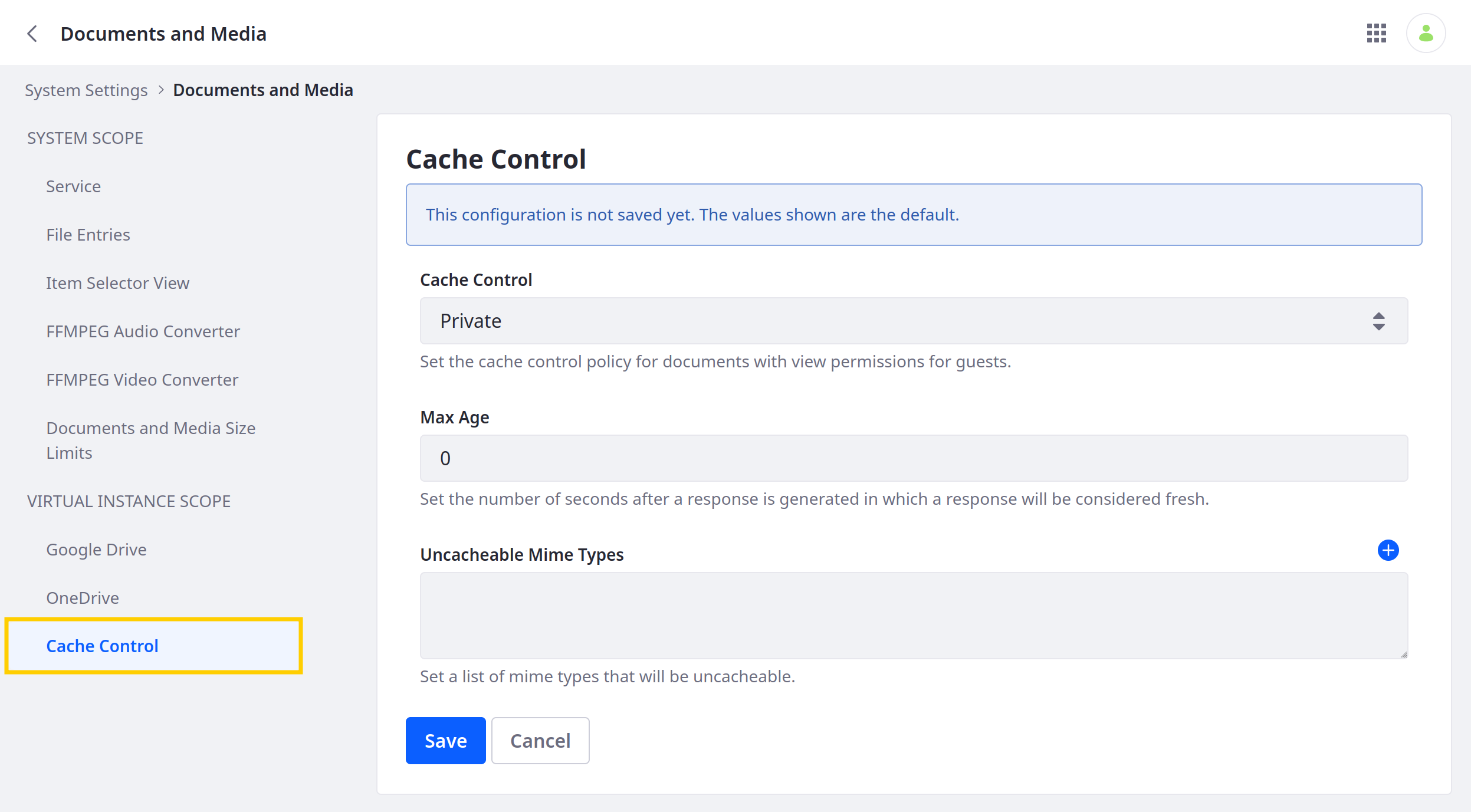 Go to Cache Control under Documents and Media settings.