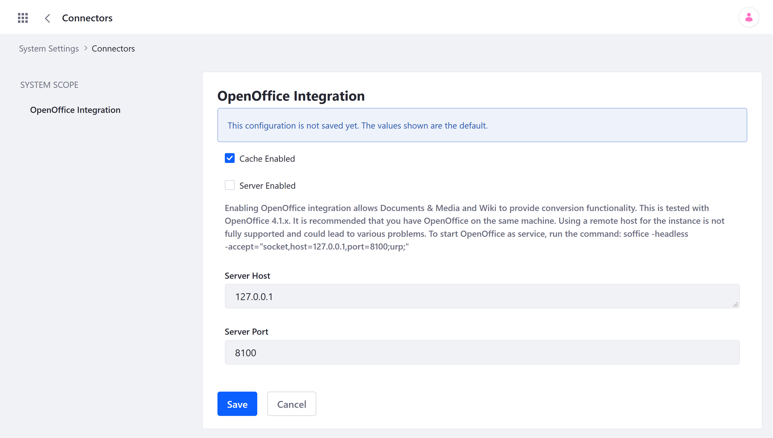 Go to OpenOffice Integration under Connectors in System Settings.