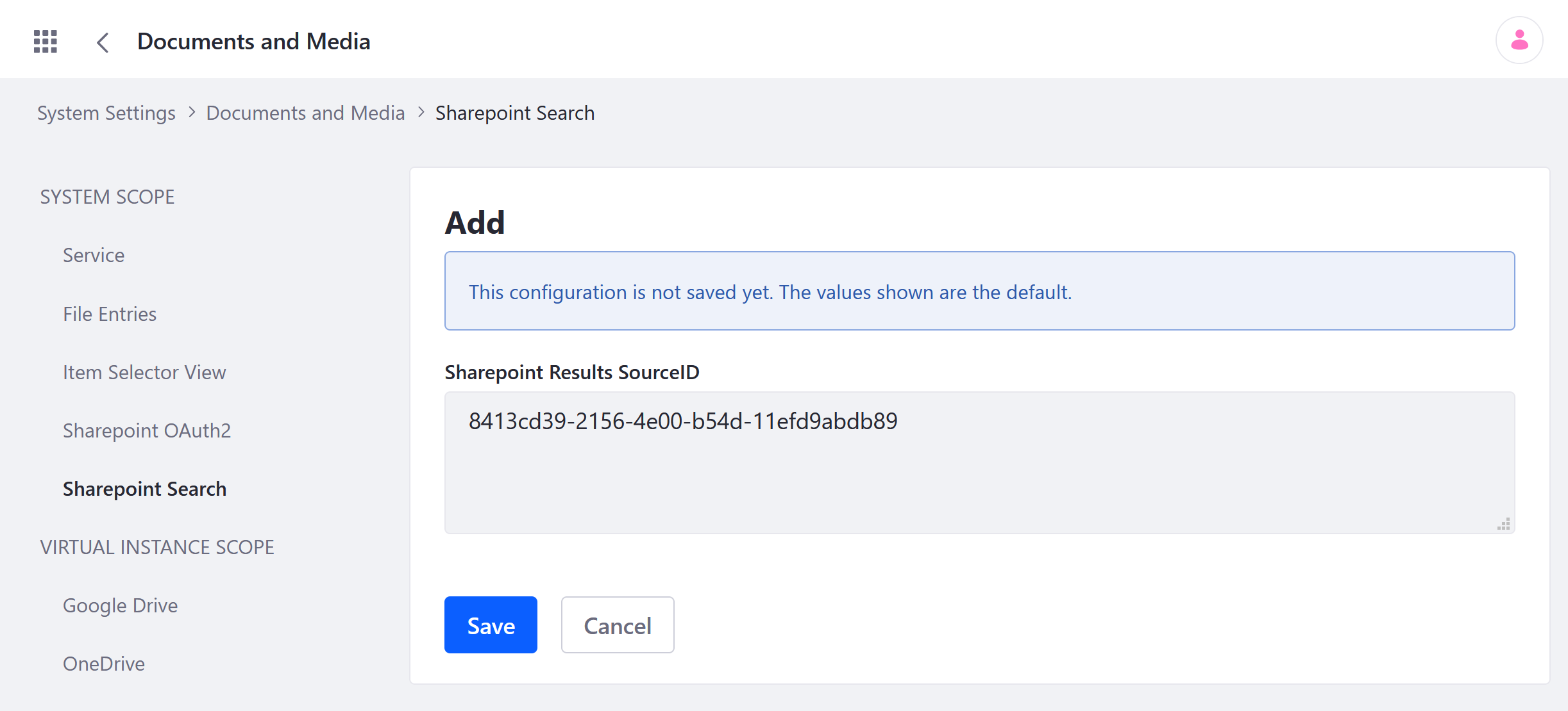 追加をクリックして、新しいSharePoint検索設定エントリーを作成します。