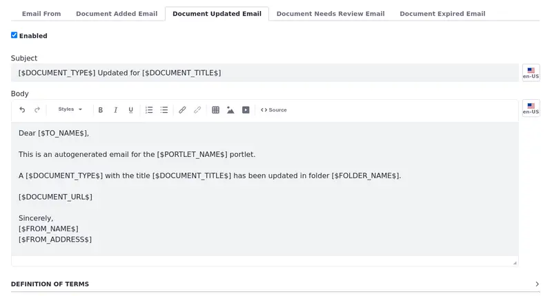 Compose the email sent when existing documents are updated.
