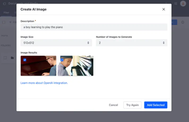 You can choose the content, the image size, and the number of images to generate.