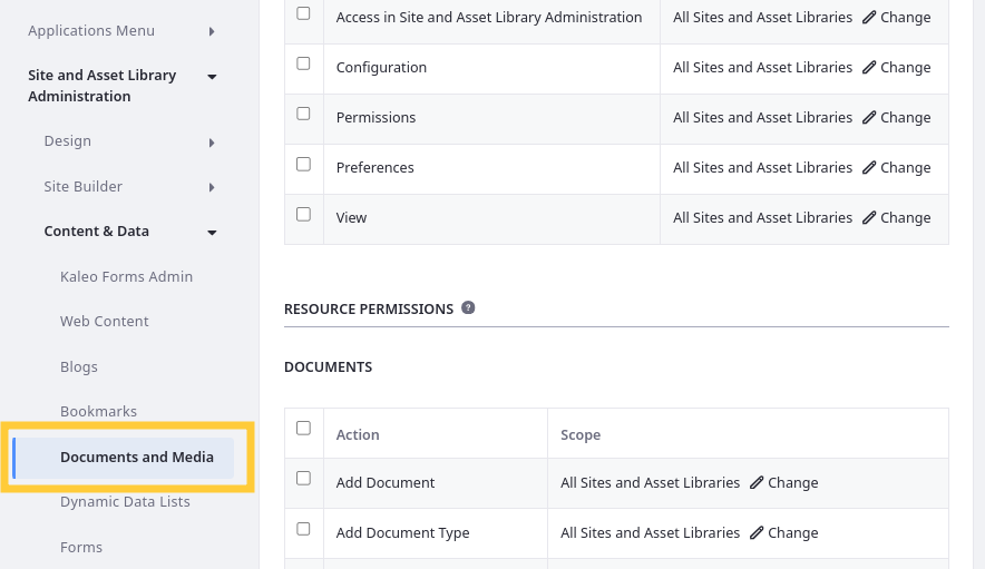Grant Documents and Media permissions in the Roles application under Content & Data in the permissions side panel.