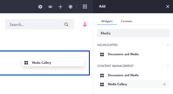 Locate the Media Gallery widget listed under the Content Management section of widgets.
