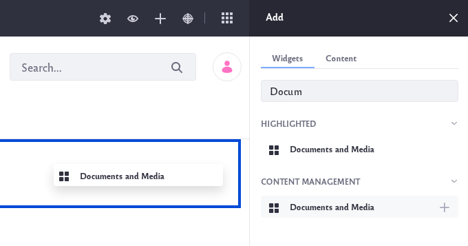Locate the Documents and Media widget listed under the Content Management section of widgets.