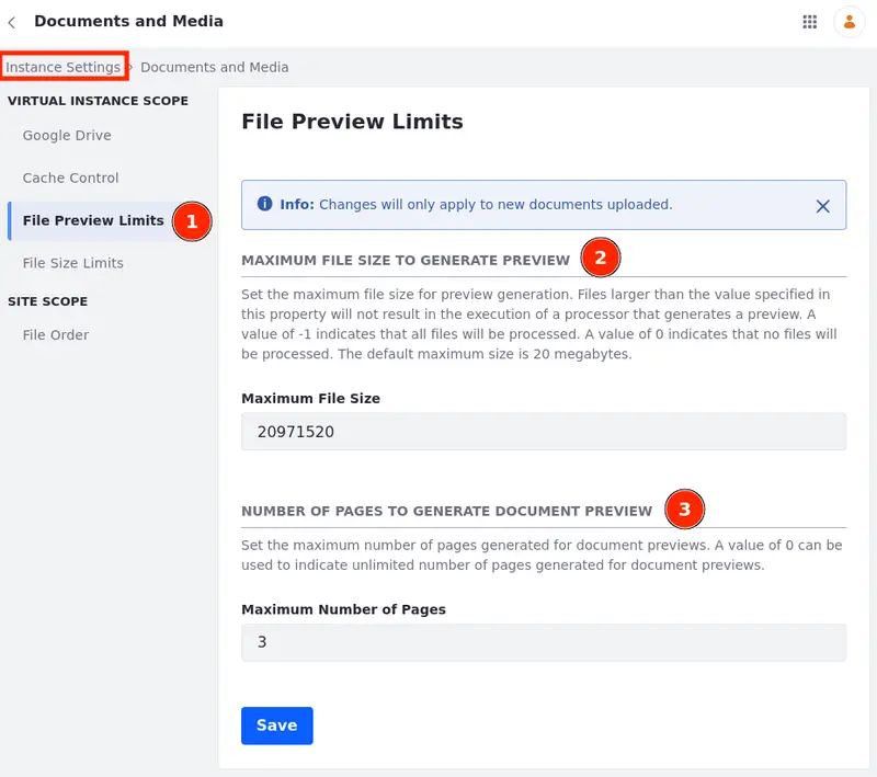 Configure the file preview limits through system or instance settings.