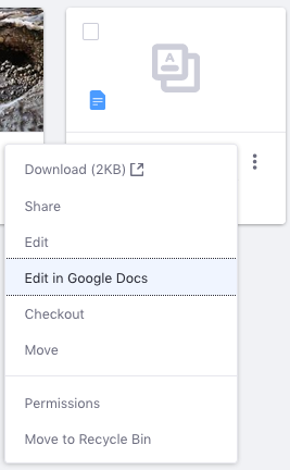 Select Edit in Google Docs from the file's Actions menu.