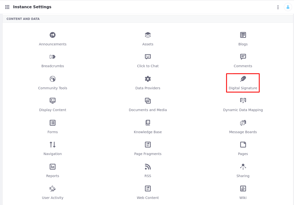 The Digital Signature link appears in either Instance Settings or Site Settings.