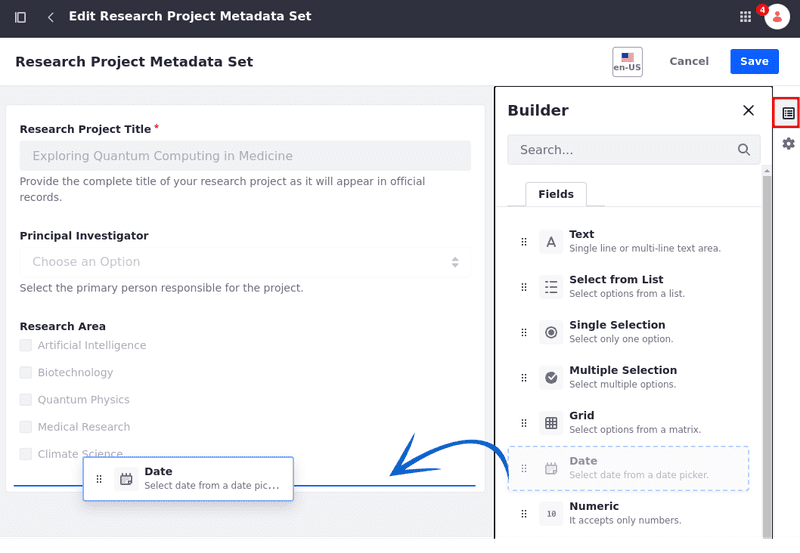 Add fields in the Builder tab.