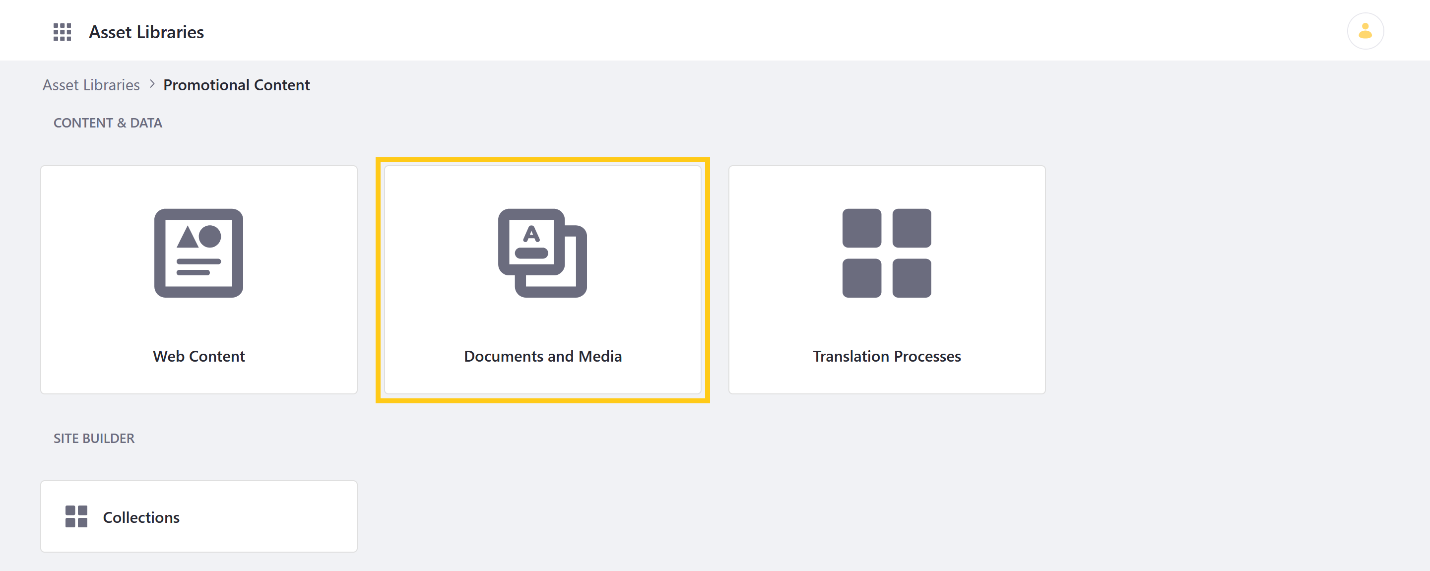 Click on Documents and Media in the Asset Library.