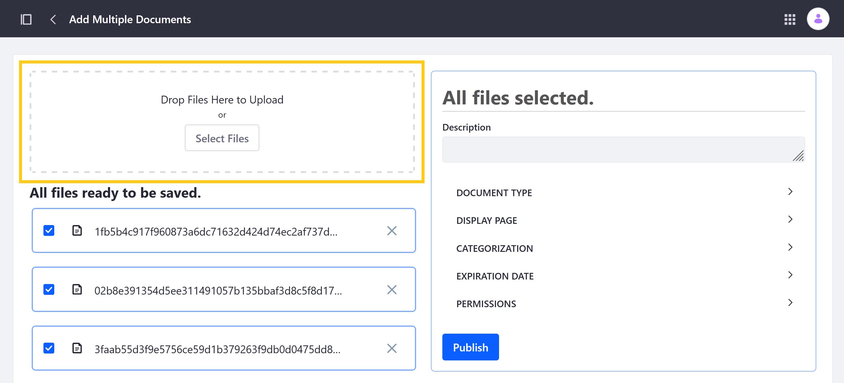Drag and drop or select multiple files to upload.
