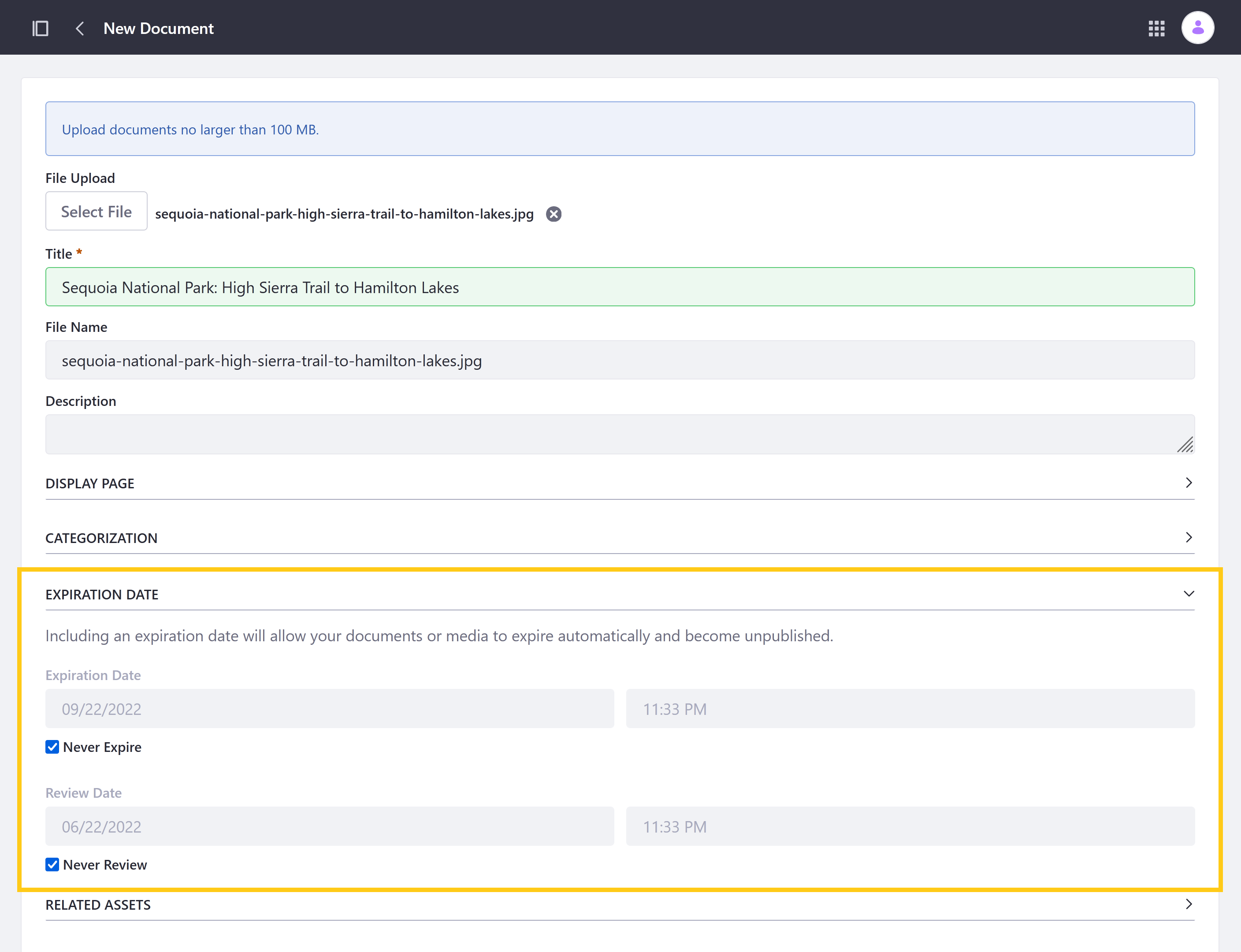 Enable or disable expiration and review for an individual file.