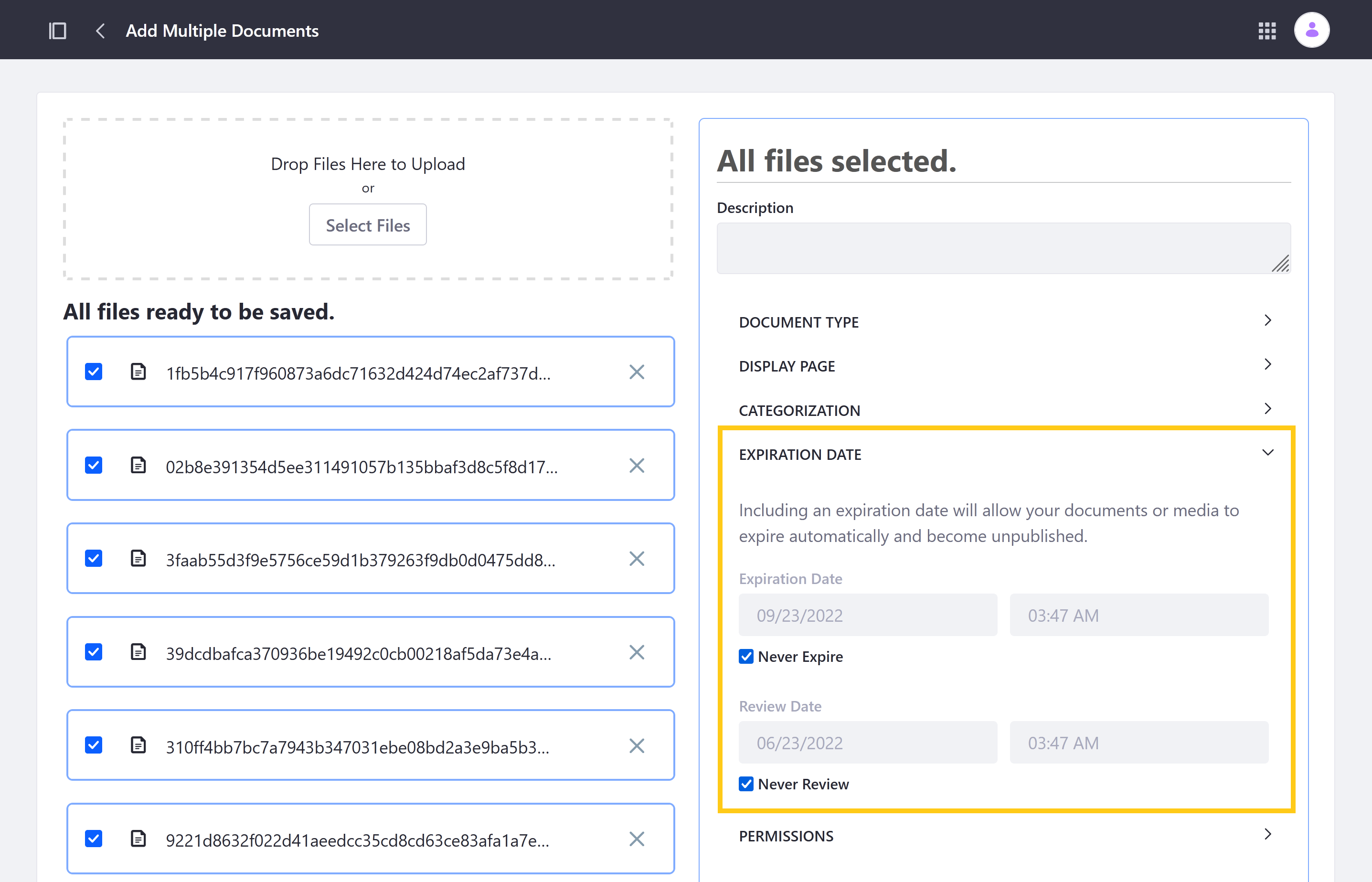 Enable or disable expiration and review for multiple files.