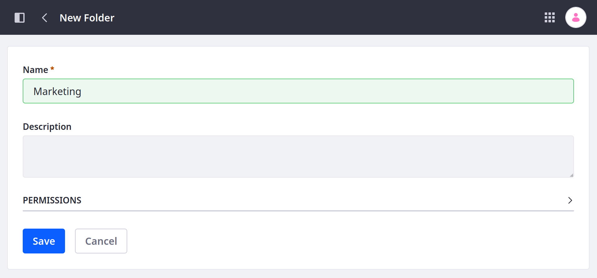 Enter a folder description and configure folder permissions.