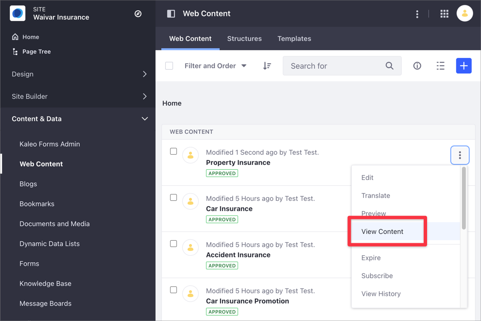 Access the Content Performance metrics in Web Content.