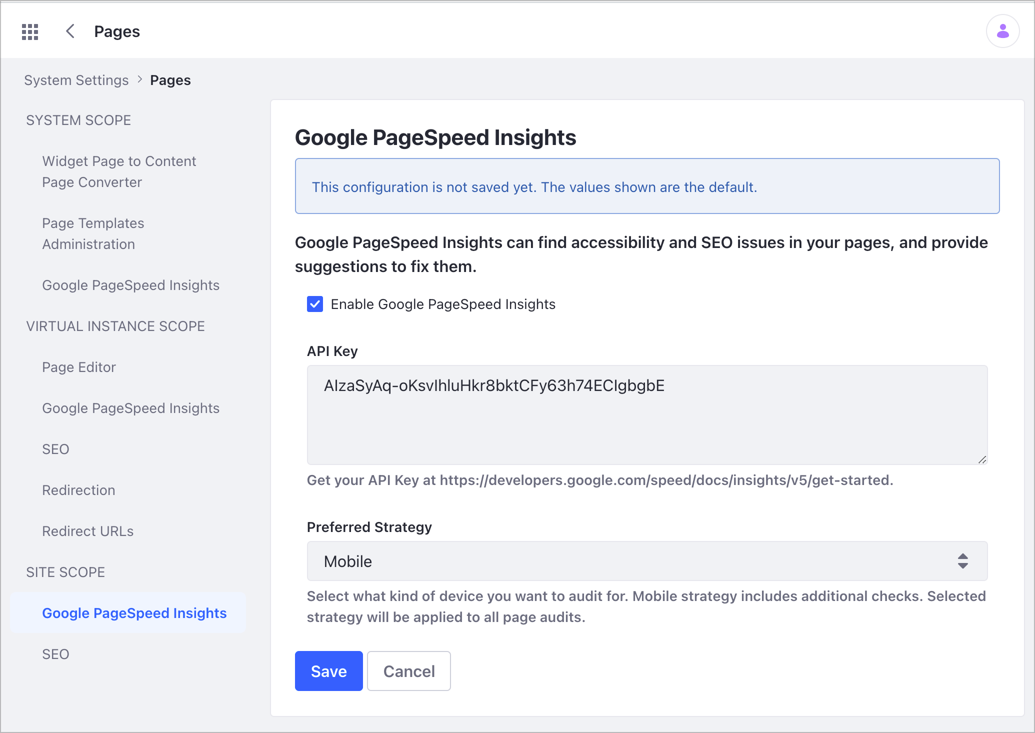 Configure the Page Audit tool API key and audit strategy