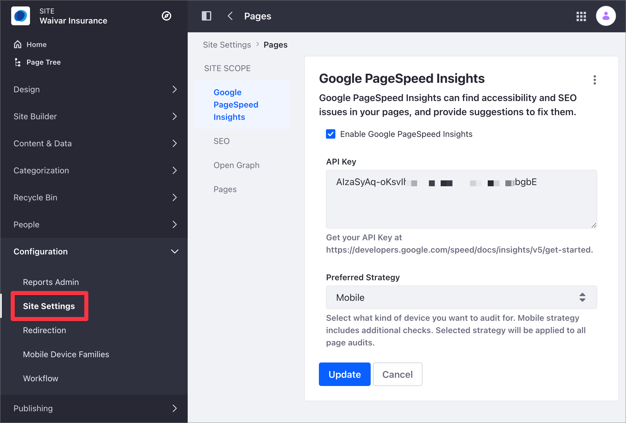 Use the Google PageSpeed Insights settings at the current Site scope to configure the Page Audit tool.