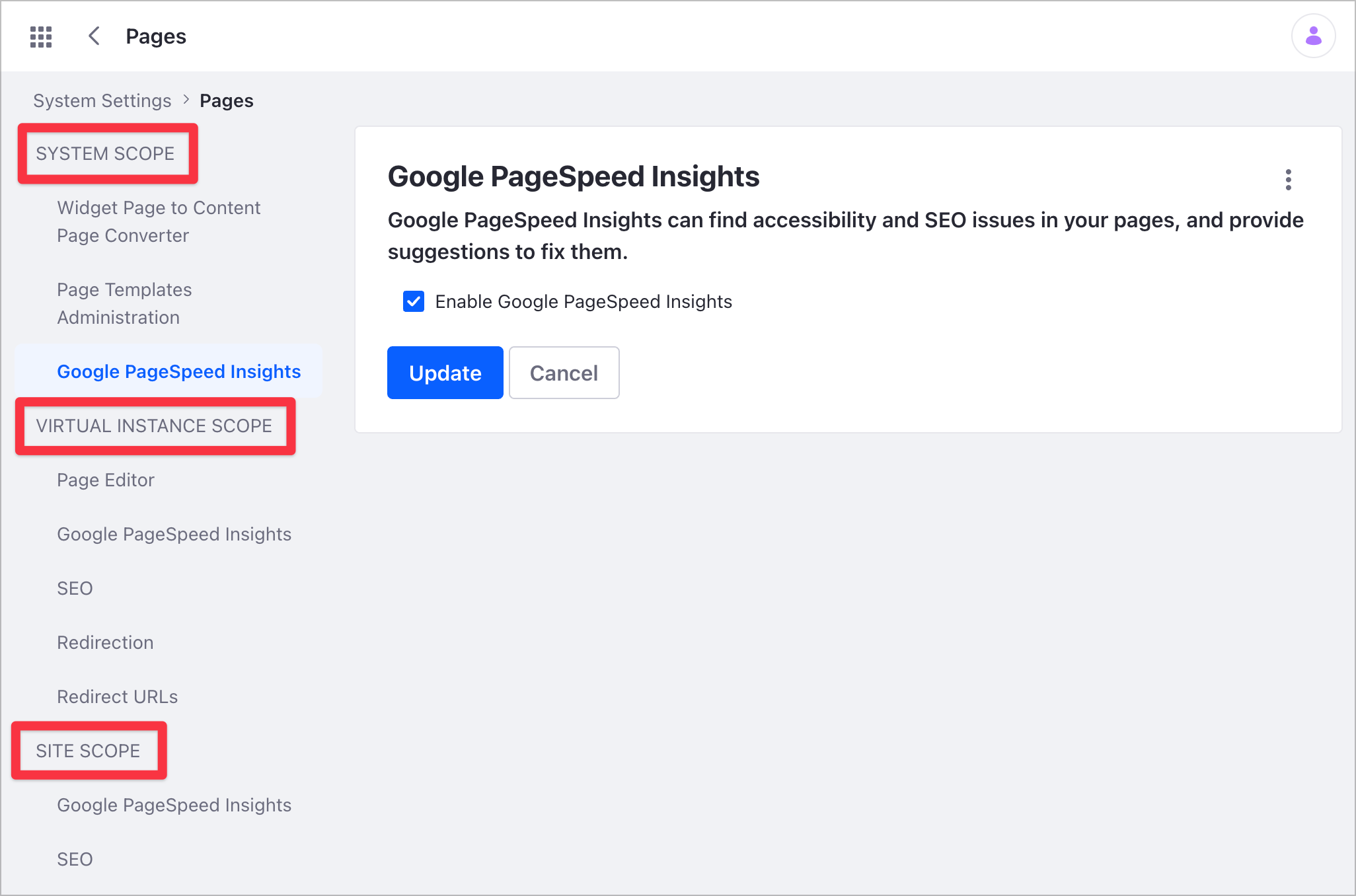 Configure the Page Audit tool setting at System, Virtual Instance, or Site scope