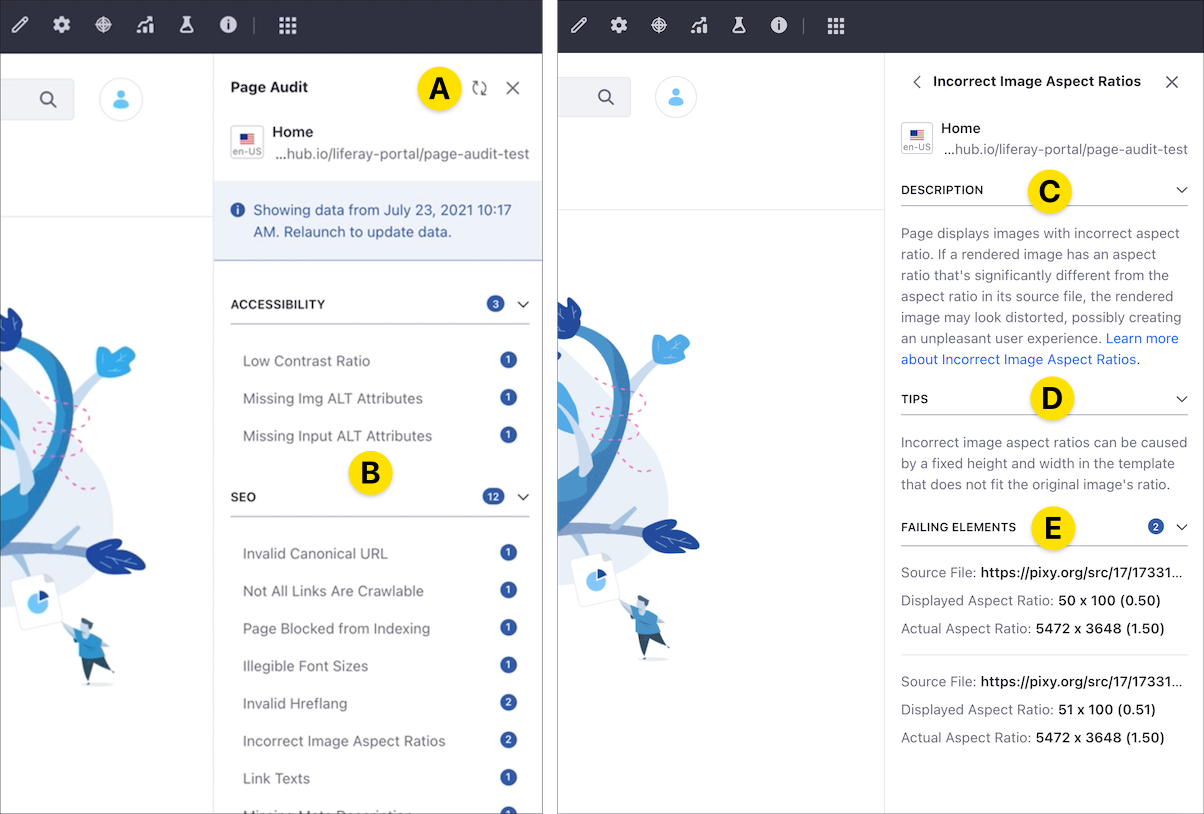 The Page Audit tool GUI shows the list of issues for your Page with actionable information to fix or mitigate the issue.