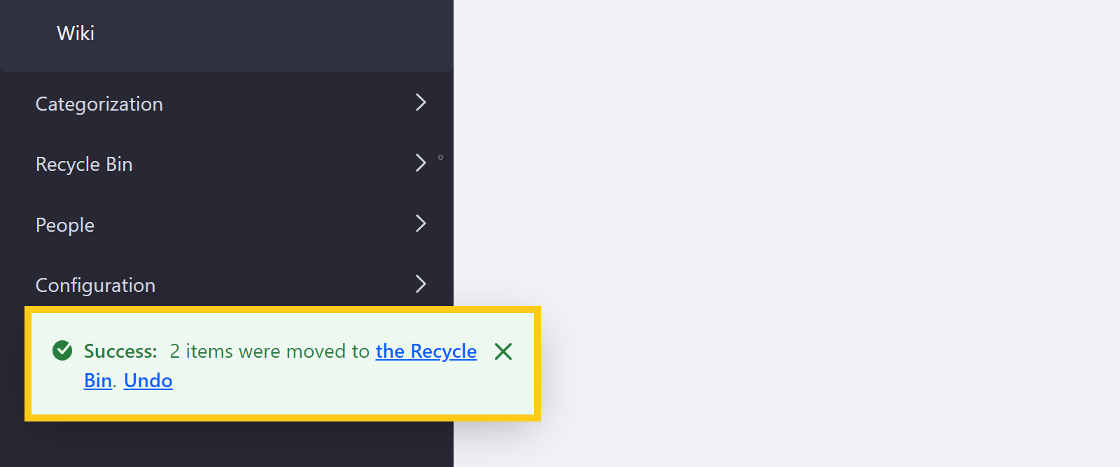 DXP displays a status message with a quick access link to the Recycle bin and an Undo button. 