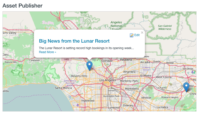 The Asset Publisher can display your geolocated assets on a map.